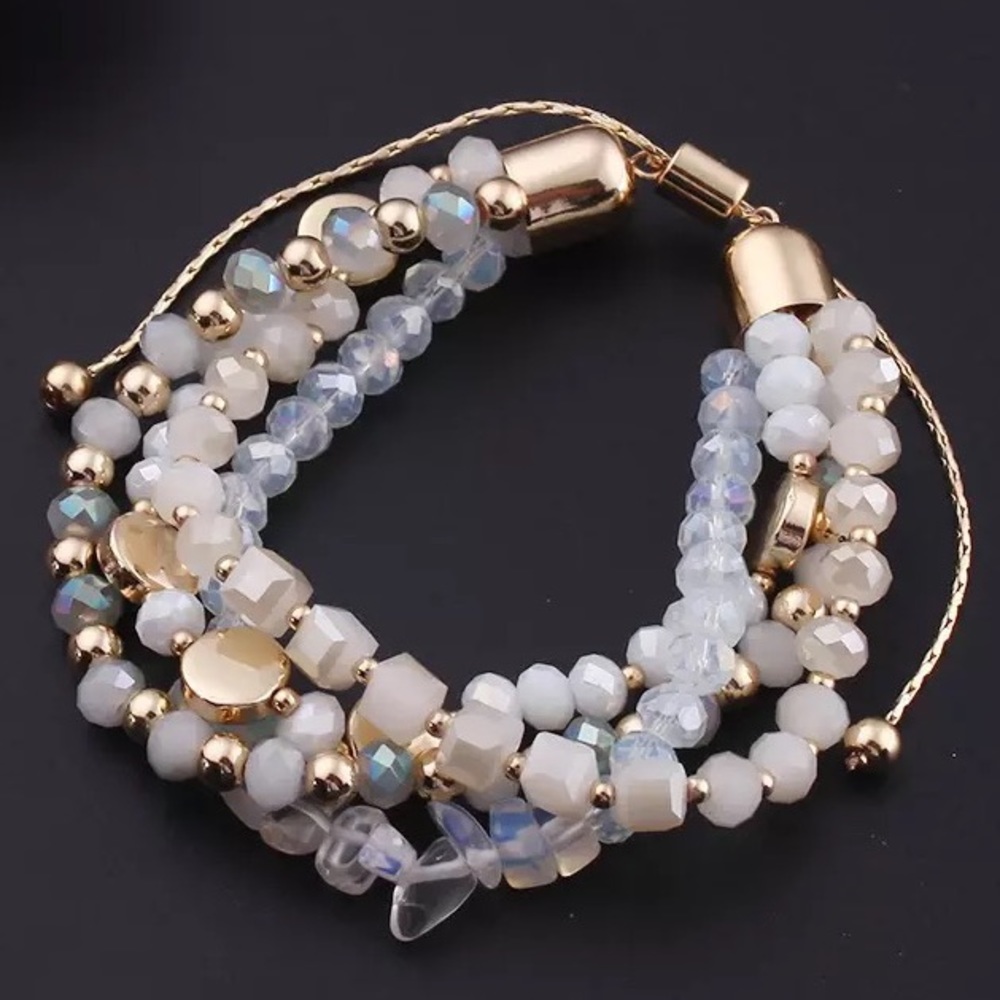Gold Plated Beaded Iridescent Quartz Adjustable Layered Stacking Bracelet - Picture 9 of 9